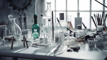 Chemistry lab laboratory technical equipment with many glassware bottle for medicine research. Generative AIの素材