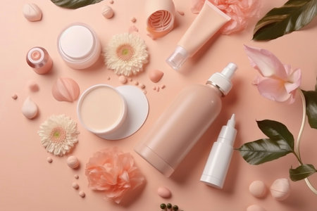 cosmetic laboratory research and development. science bio skincare cream serum product with leaves. natural organic beauty cosmetics concept. cosmetology.の素材