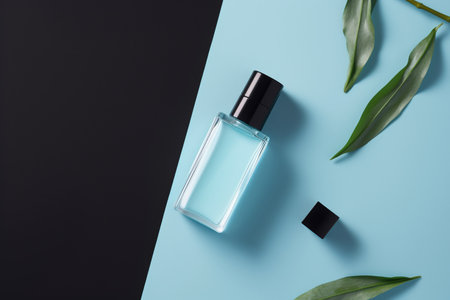 Perfume bottle on light blue background. Beauty, fashion concept. Top view, flat layの素材