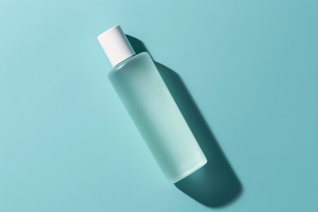 Perfume bottle on light blue background. Beauty, fashion concept. Top view, flat layの素材