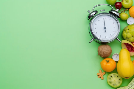 Proper nutrition concept. Flat lay photo of plate with cutlery, alarm clock, nuts, vegetables and fruits on green background with copy space.の素材