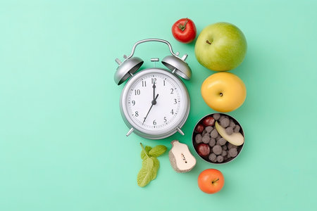 Proper nutrition concept. Flat lay photo of plate with cutlery, alarm clock, nuts, vegetables and fruits on green background with copy space.の素材