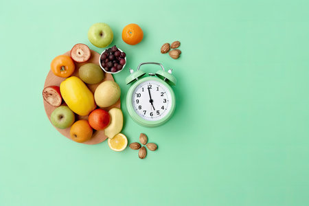 Proper nutrition concept. Flat lay photo of plate with cutlery, alarm clock, nuts, vegetables and fruits on green background with copy space.の素材