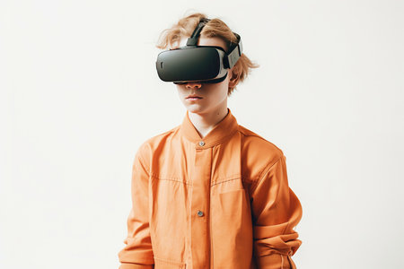 A Young boy with virtual reality glasses on a white backgroundの素材