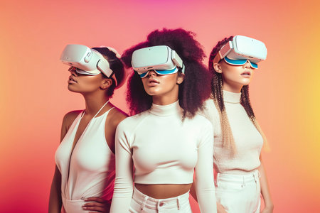 A group of people wearing virtual reality headsets. Generative AI image.の素材