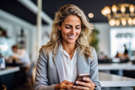 Photo of Young happy busy business woman executive using laptop mobile cell phone tech at office. Professional businesswoman holding smartphone, working on cellphone. Generative ai.の素材