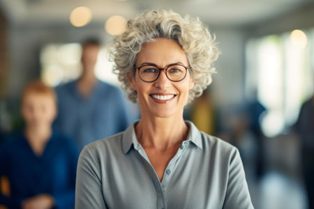 Portrait of confident business woman looking at camera in office. Work team behind. AI Generativeの素材