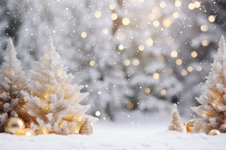 Illuminated christmas tree in the shining snow at night on shining bokeh background. Christmas and New Year holidays background with Snow in vintage style. Happy new year.AI Generativeの素材