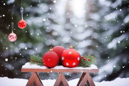 Winter holiday celebration xmas background banner greeting card - Wooden table with christmas ornaments and baubles, snowflakes in background (Generative Ai)の素材