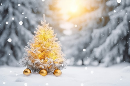 Illuminated christmas tree in the shining snow at night on shining bokeh background. Christmas and New Year holidays background with Snow in vintage style. Happy new year.AI Generativeの素材