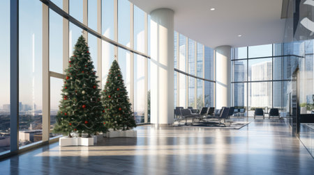 Large light modern dining room with large window, and big Christmas tree decorated with white Xmas balls and lights. New Year or Christmas decorated interior. Horizontal format. Generated AIの素材