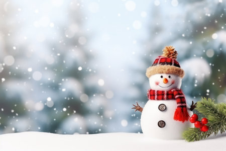 Happy snowman standing in winter christmas landscape. Merry christmas and happy new year greeting card. AI generatedの素材