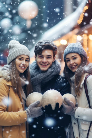 Smiling portrait of a young and diverse group of people friends jogging during the winter and snow in the city. AI Generativeの素材