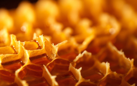 Honey close-up. Amber sweet honey in honeycomb. Transparent honey flows down the honeycomb. AI Generativeの素材