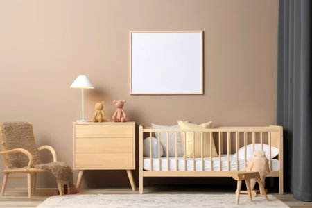 Empty picture frame on brown wall in modern child room. Mock up interior in scandinavian style. Free, copy space for your picture, poster. Bed, toys. Cozy room for kids.AI Generativeの素材