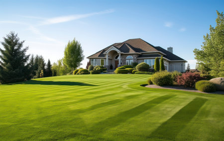 Large modern brick house with colonial style balcony. Single family home with large mowed lawn and beautiful landscaping. Sunny day with blue sky.の素材