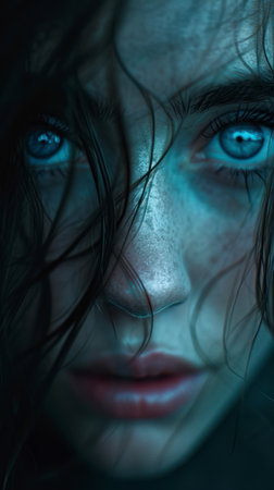 A Close-up portrait of a woman in a scarf and hat with beautiful blue eyesの素材