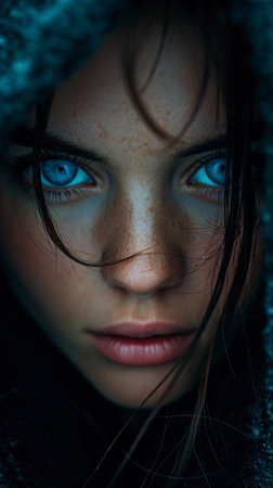 A Close-up portrait of a woman in a scarf and hat with beautiful blue eyesの素材