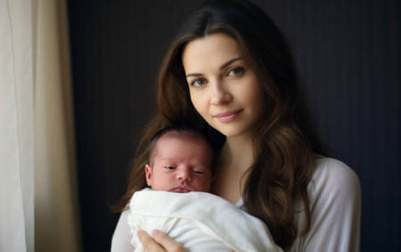 Mother holds cute infant newborn baby boy in her arm while standing against studio backgroundの素材