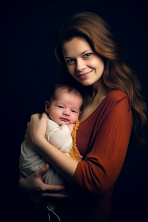 Mother holds cute infant newborn baby boy in her arm while standing against studio backgroundの素材