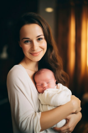Mother holds cute infant newborn baby boy in her arm while standing against studio backgroundの素材
