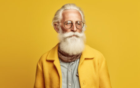 Portrait of a stylish senior hipster man with long white beard and mustache wearing eyeglasses standing against yellow backgroundの素材