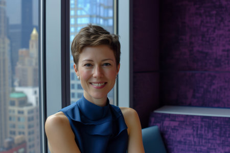 An executive woman in blue blouse with short blonde hair looking at camera against office windowの素材