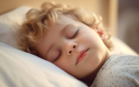 A peaceful child sleeps soundly, his expression serene, adorned in a star-patterned pajama top, embodying the innocence and tranquility of childhood slumber.の素材