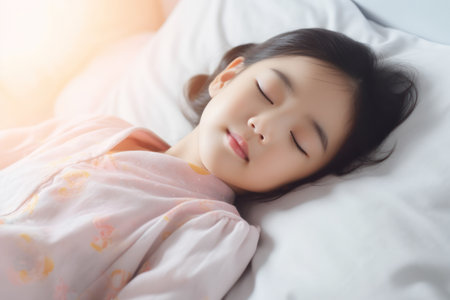 A peaceful child sleeps soundly, her expression serene, adorned in a star-patterned pajama top, embodying the innocence and tranquility of childhood slumber.の素材