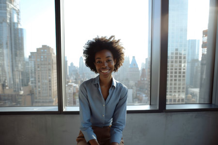 An affable woman with natural curly hair and a sincere smile, wearing a light blue sleeveless top, stands in front of a window with a blurred cityscape backdrop.の素材
