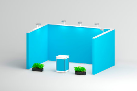 A blue exhibition booth setup with a central podium and green plants on both sides, illuminated by spotlights. Ideal for eco-friendly brand displays.の写真素材