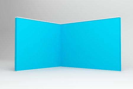 A vibrant blue exhibition booth with two angled walls, creating a bold backdrop. Ideal for attracting attention at trade shows, events, and branding displays.の写真素材