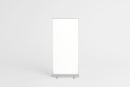A single retractable banner stand with a blank white display panel, ideal for branding or advertising. Simple and versatile design for promotional use.の写真素材
