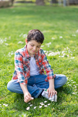 A young Caucasian boy with short dark hair, wearing a plaid shirt, jeans, and sneakers, sits cross-legged on grass in a park, picking daisies with a smile.の写真素材