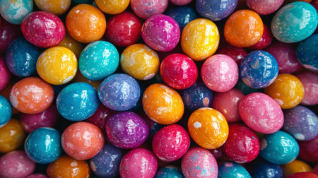 A vibrant assortment of glossy, candy-coated chocolate spheres in bright colors. The reflective surface enhances the rich hues and sugary texture.の素材