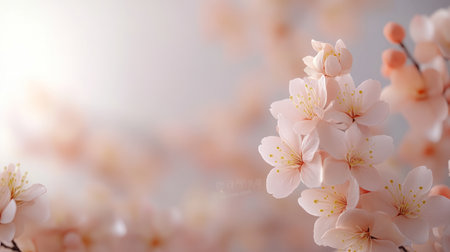 Delicate cherry blossoms with soft pink petals in full bloom. The flowers stand out against a blurred background, creating a dreamy and peaceful scene.の素材