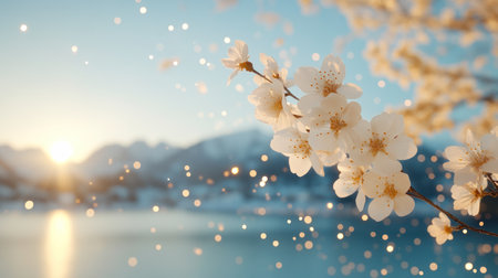White cherry blossoms in full bloom, illuminated by a golden sunset. A serene lake and mountain landscape create a dreamy, tranquil atmosphere.の素材