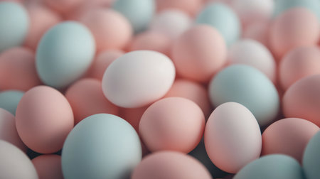 A collection of pastel-colored eggs in soft pink, blue, and white hues. The smooth textures and gentle colors create a calm and festive composition.の素材