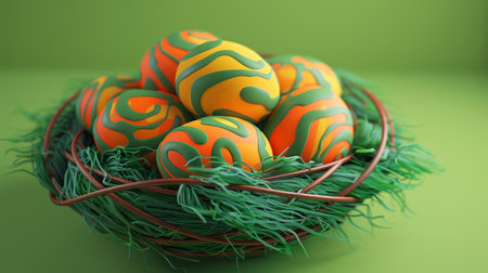 Two intricately decorated Easter eggs, one red and one green, rest in a rustic twig nest. Sunlight casts soft shadows on a pastel green background.の素材