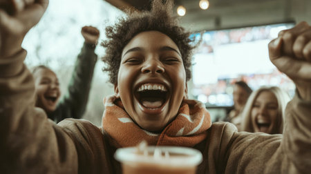 A young Black woman celebrates with a joyful smile, arms raised, watching a sports match in a lively atmosphere with friends in the background.の素材
