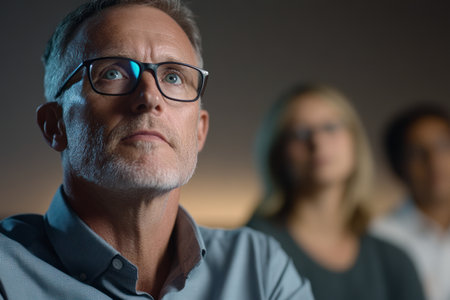 A middle-aged Caucasian man with glasses attentively listens to a presentation, with two blurred colleagues in the background. A corporate setting with a serious tone.の素材