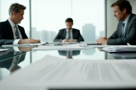 Three businessmen in suits sit at a glass table in a high-rise office, discussing paperwork. The focus is on official documents in a modern workspace.の素材