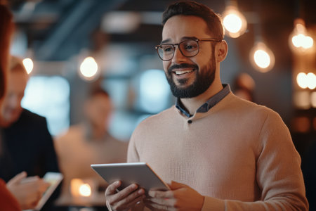 A bearded man with glasses, of Middle Eastern or Hispanic descent, smiles while using a tablet in a stylish, warmly lit social or business setting.の素材