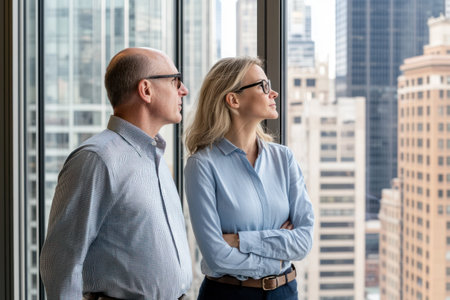A middle-aged man and woman, both Caucasian, stand by a large office window overlooking a city skyline, dressed in business casual attire, appearing thoughtful.の素材