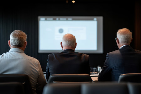 Three senior Caucasian businessmen in suits attend a corporate presentation in a modern conference room, watching a blurred screen projection attentively.の素材
