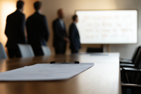 A clipboard with notes in focus while blurred executives discuss in front of a whiteboard in a corporate meeting room. Professional business environment.の素材