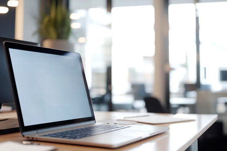 A sleek laptop with a blank screen sits on a desk in a modern office. Bright natural light fills the workspace, creating a clean and professional ambiance.の素材