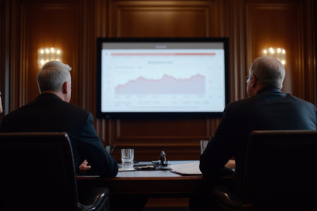 Senior Caucasian businessmen in suits attend a corporate presentation in a modern conference room, watching a blurred screen projection attentively.の素材