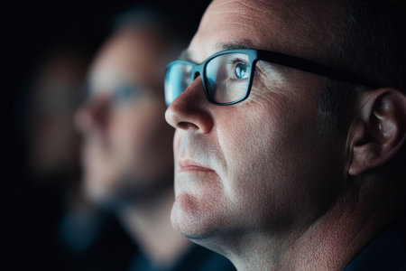 Close-up side profile of a Caucasian man in low-key lighting. Strong contrast highlights facial features, creating a contemplative and dramatic mood.の素材