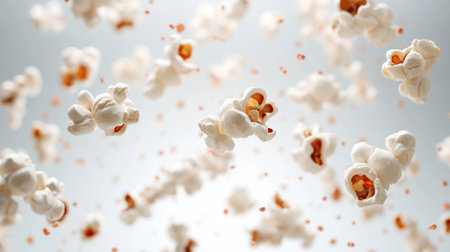 Close-up of white popcorn kernels floating in midair with small pieces of corn flying around, creating a dynamic and airy effect against a soft background.の素材